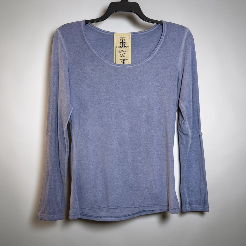 Fleur De Lis Womens Roll Tab Long Sleeve Scoop Neck Top Periwinkle Blue Large